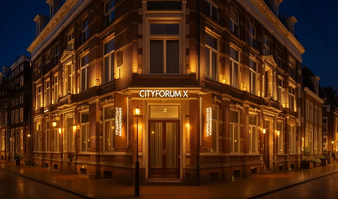 De gevel van CityForum X aan de Mauritsweg bij nacht